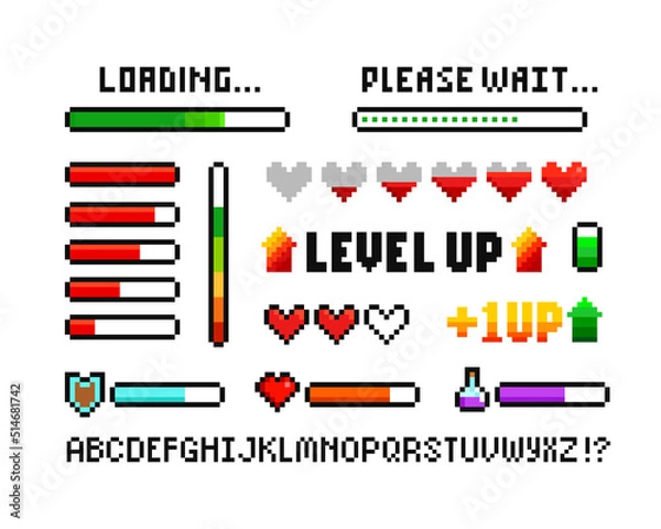 Fototapeta Pixel art 8 bit loading progress bar elements set with health scale hearts for retro video game design. Level Up sign with health loading scale, energy. Arcade video game elements
