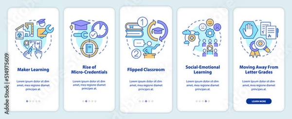 Fototapeta Trends in education onboarding mobile app screen. Learning walkthrough 5 steps editable graphic instructions with linear concepts. UI, UX, GUI template. Myriad Pro-Bold, Regular fonts used