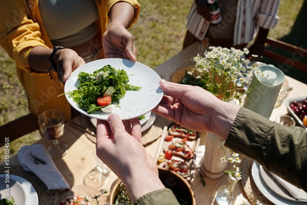 Fototapeta Hands of young man taking plate with vegetable salad being passed by black woman over served table with homemade food and drinks