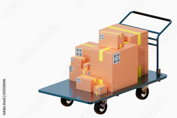 Fototapeta Warehouse trolley with boxes. Trolley metaphor for delivery of goods. Courier parcels with QR code. Parcel delivery. Cargo trolley with parcels isolated on white. Postal business equipment. 3d image.