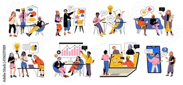 Fototapeta Team work scenes. Creative people, talented youth at work, bright funny guys and girls in office, joint brainstorm, communication and collaboration, tidy vector cartoon flat style set