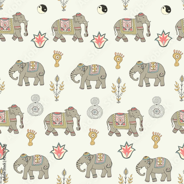 Fototapeta Indian ethnic elephants seamless vector pattern.