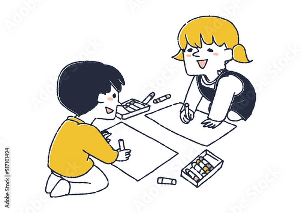 Fototapeta お絵描きをする男の子と女の子　伸び伸びと過ごすこども達のセット
