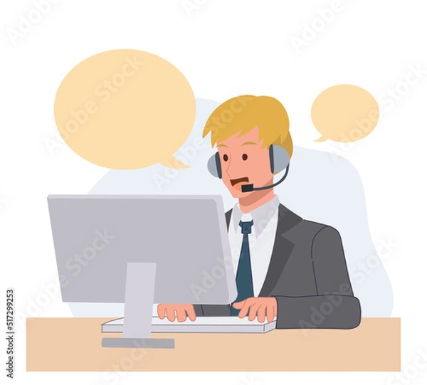 Fototapeta Customer service, call center, hotline.Online technical support.telemarketing agents. flat vector cartoon illustration.