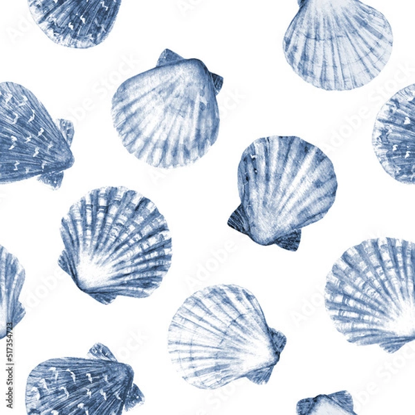 Fototapeta Watercolor sea shells seamless pattern. Hand drawn ocean background