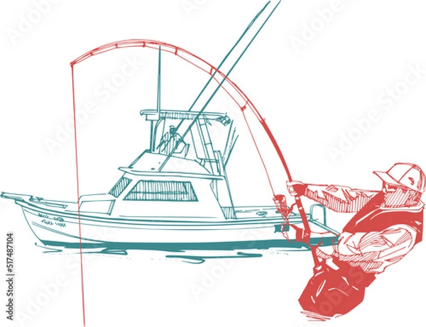 Fototapeta vector sketch of the fisherman on the fishing boat in the sea