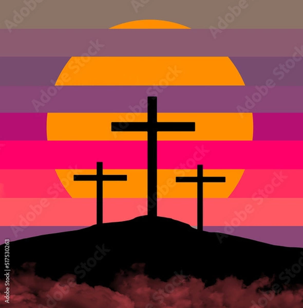 Fototapeta The three crosses of the crucifixion of Jesus Christ  are seen in silhouettes in front of a colorful sky in this Easter 3-d illustration.