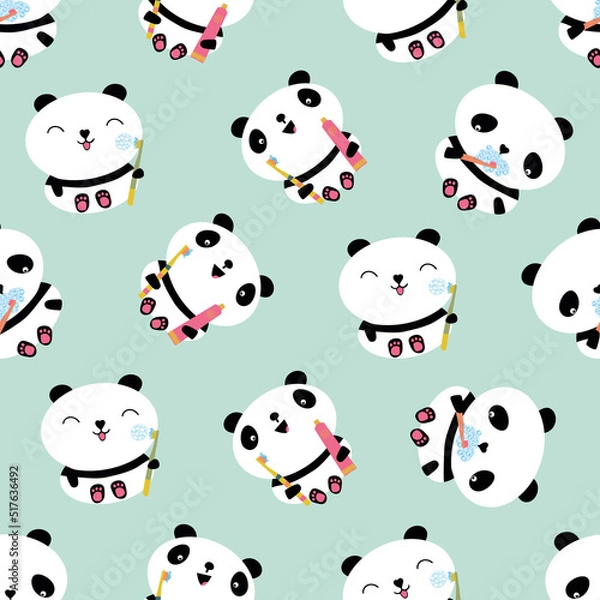 Fototapeta Kawaii panda kids dental health care vector educational seamless pattern background. Cute cartoon bears with toothbrush, toothe paste, brushing teeth. Teddy bears and in gender neutral colors.