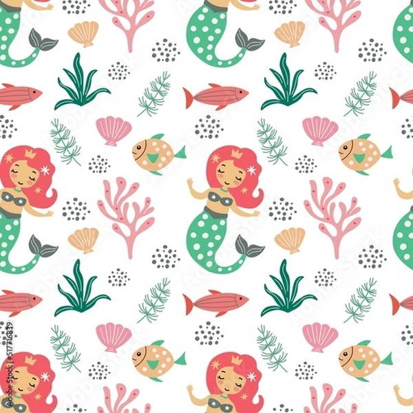 Fototapeta Seamless pattern with a cute mermaid, fish and seaweed on a white background. Vector graphics for the design of wallpapers, textiles, wrapping