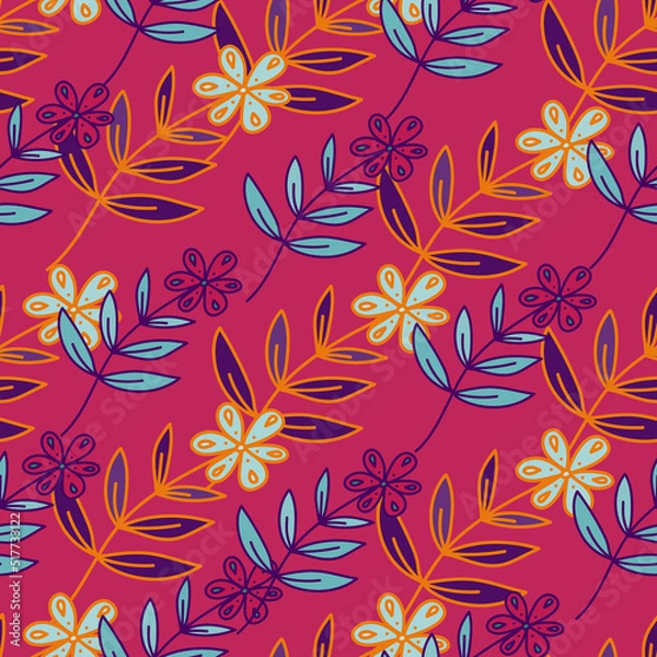 Fototapeta Hand drawn ditsy flower seamless pattern. Simple floral field endless wallpaper.