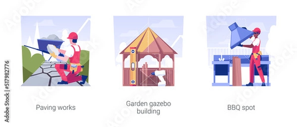 Fototapeta Small architectural forms installation isolated concept vector illustration set. Paving works, garden gazebo building, BBQ spot in the backyard, lay footpath, exterior works vector cartoon.