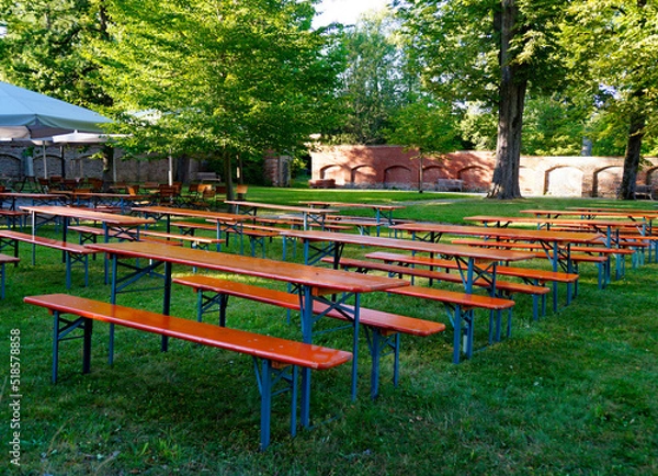 Fototapeta Beautiful German Biergarten or Beer Garden in the Bavarian village Irsee on a sunny day in July (Irsee, Bavaria, Germany)