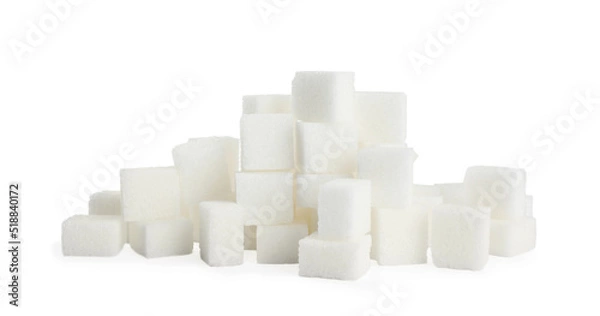 Fototapeta Pile of refined sugar cubes on white background