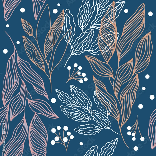 Fototapeta Autumn linear pattern with branches. Seamless print with leaves and berries. Line art on dark blue background