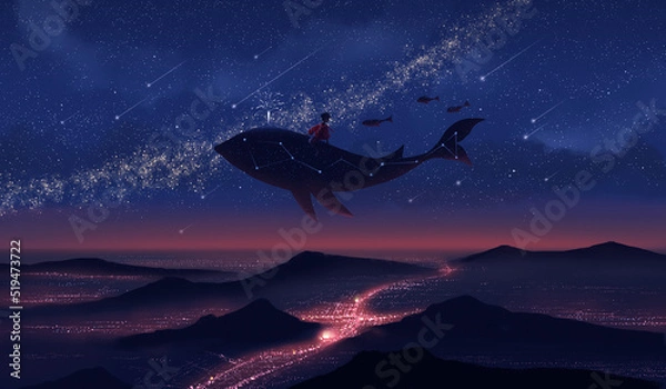 Fototapeta Painting whales and boys flying in the night sky.The night of meteor.