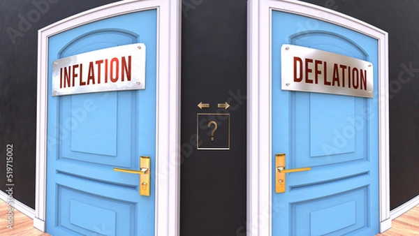 Fototapeta Inflation or Deflation - a choice. Two options to choose from represented by doors leading to different outcomes. Symbolizes decision to pick up either Inflation or Deflation.,3d illustration