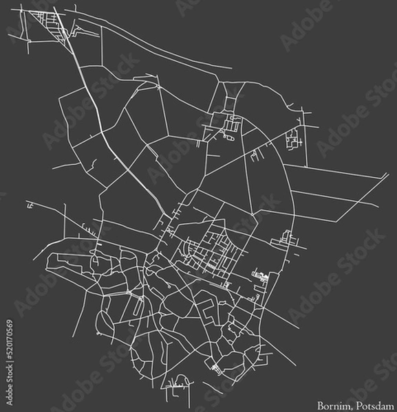 Fototapeta Detailed negative navigation white lines urban street roads map of the BORNIM DISTRICT of the German regional capital city of Potsdam, Germany on dark gray background