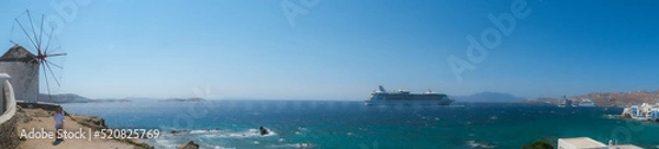 Fototapeta Panoramic views of the Greek islands. Vacation. Mediterranean. Cruise ship.
Windmills. Nature