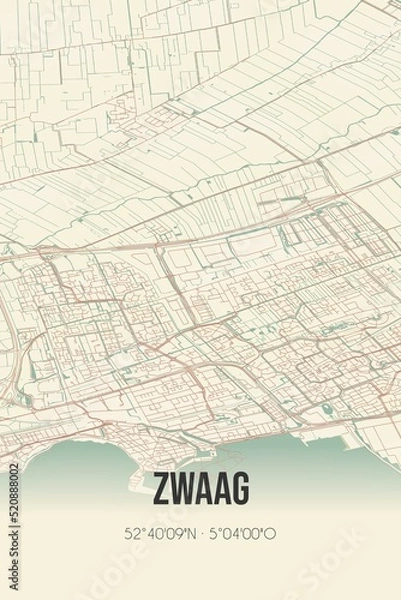 Fototapeta Retro Dutch city map of Zwaag located in Noord-Holland. Vintage street map.