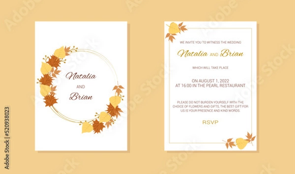 Fototapeta wedding invitation with frame birch leaves maple twigs