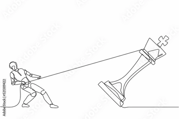 Obraz Continuous one line drawing robots standing and pulling big king chess with rope. Humanoid robot cybernetic organism. Future robotics development. Single line draw design vector graphic illustration