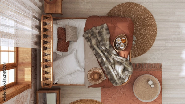 Fototapeta Wooden farmhouse bedroom in boho chic style. Rattan bed and furniture in white and orange tones. Country wallpaper, vintage interior design. Top view, plan, above