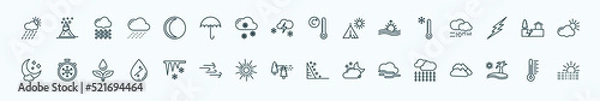 Fototapeta special lineal weather icons set. outline icons such as rainy day, waning moon, degree, cold, earthquake, freezing, icicle, patchy fog, foggy, subtropical climate, thermometer line icons.