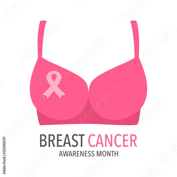 Fototapeta Pink ribbon logo on pink bra in flat design on white background. Breast cancer awareness month concept vector illustration.