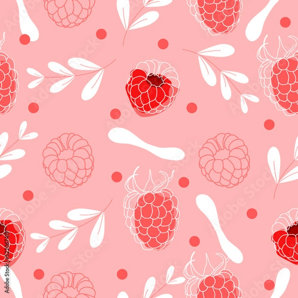 Fototapeta seamless pattern with red Raspberries and leave