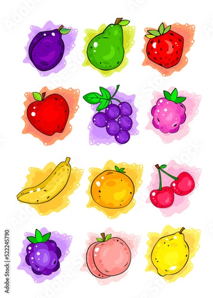 Fototapeta Cute fruit summer collection of stickers. Cartoon element for your food design. Healthy food concept. Vegan, vegetarian and diet, sport food. Smoothies and juices, jams.