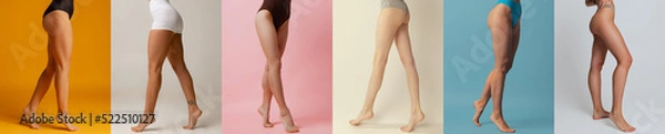 Fototapeta Slender, sportive, short and and long female legs isolated on multicolored background. Collage. Models wearing underwear.