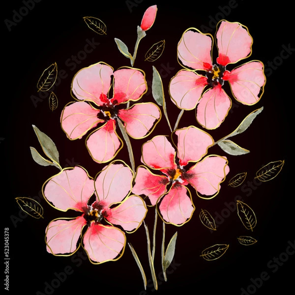 Fototapeta Vector composition with watercolor flowers on a dark background.