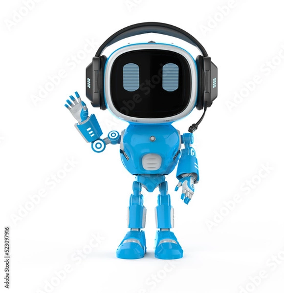 Fototapeta 3d rendering blue robotic assistant or artificial intelligence robot with headset 