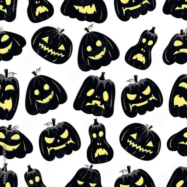 Fototapeta Seamless pattern with black silhouette of a pumpkin face with yellow glowing eyes for halloween on a white background