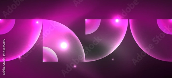 Fototapeta Shiny neon geometric abstract background. Glowing lights on round shapes, triangles and circles. Wallpaper for concept of AI technology, blockchain, communication, 5G, science, business