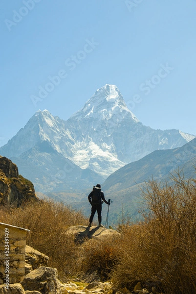 Fototapeta Man traveler with backpack enjoying the mountains in Himalayas. Everest base camp trek, Nepal.