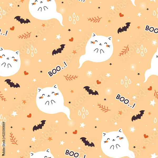 Fototapeta Halloween vector seamless pattern with Kawaii Cute Cat ghost. Cartoon Animals Background in doodle style, Vector Illustration