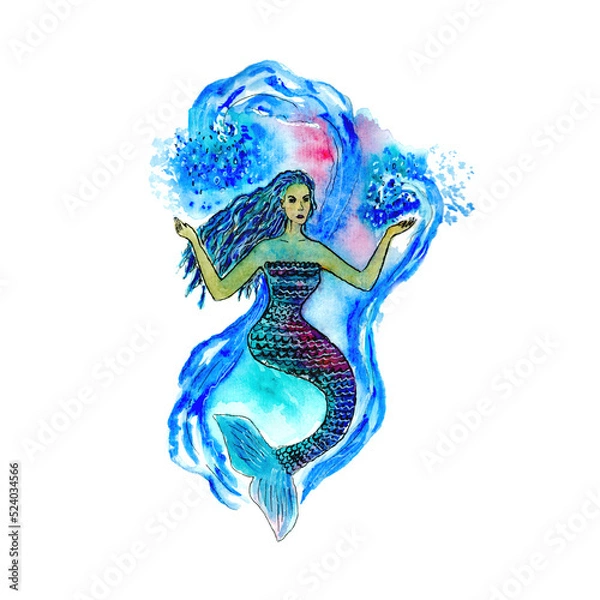 Fototapeta Watercolor Illustration of Pisces astrological sign as a mermaid girl. Zodiac illustration isolated on white. Watercolor illustrations of a blue and purple mermaid with water splashes.