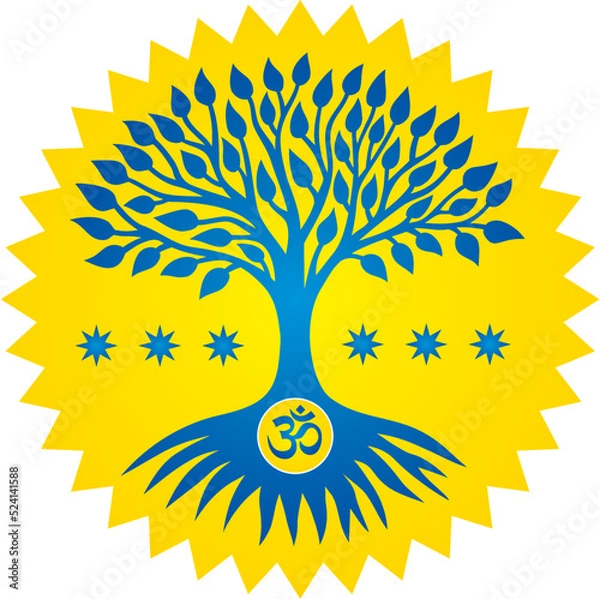 Fototapeta The tree of life is blue-blue with the sign Aum, Om, Ohm against the background of the yellow sun. Vector graphics.