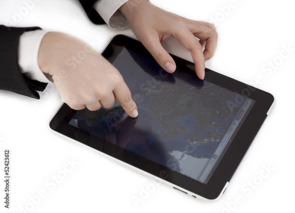 Fototapeta Businesswoman Using Digital Tablet on the table - Isolated