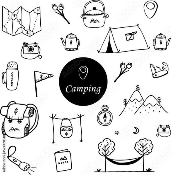 Fototapeta Big hand drawn vector campfire clip art set. Isolated on white background drawing for prints, poster, cute stationery, travel design. High quality illustrations