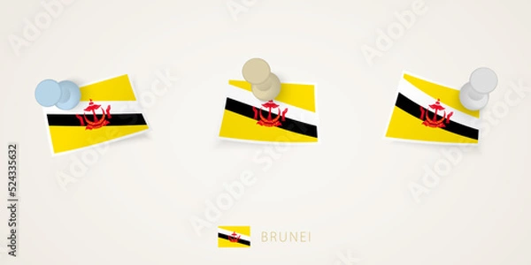 Fototapeta Pinned flag of Brunei in different shapes with twisted corners. Vector pushpins top view.