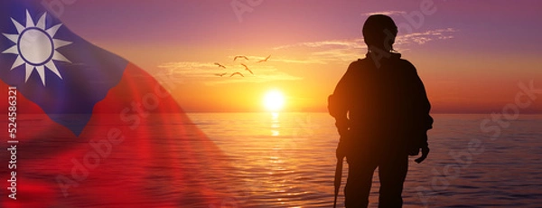 Fototapeta Silhouette of Soldier in sunset background . Taiwan . National holiday .