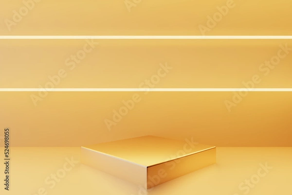 Fototapeta Golden podium on wall background with yellow neon light