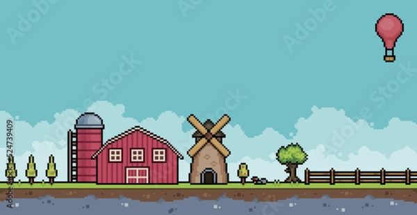 Fototapeta Pixel art farm landscape with barn, mill, silo, fence, trees background vector for 8 bit game
