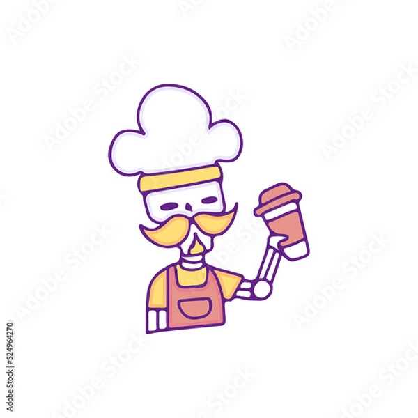 Fototapeta Cool skull chef drink a cup of coffee, illustration for t-shirt, sticker, or apparel merchandise. With doodle, retro, and cartoon style.