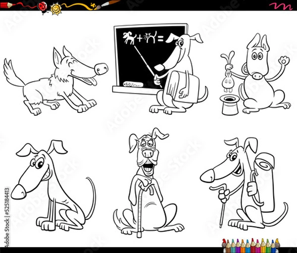 Fototapeta cartoon dogs animal characters set coloring page