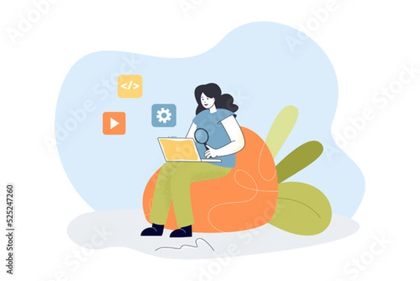 Fototapeta Search for mobile applications by woman. Person holding magnifying glass and laptop, sitting in chair flat vector illustration. Network, app concept for banner, website design or landing web page