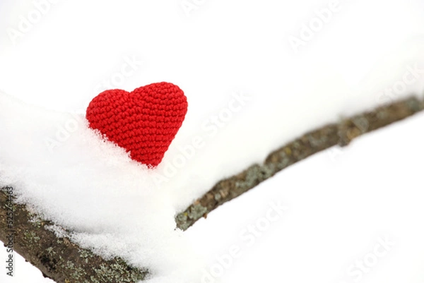 Fototapeta Christmas heart, red knitted symbol of love in the snow on tree branch. New Year celebration, winter weather