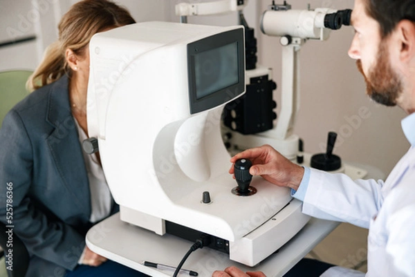 Fototapeta Close-up view of a optometrist checks patient's vision in an optics store or ophthalmology clinic